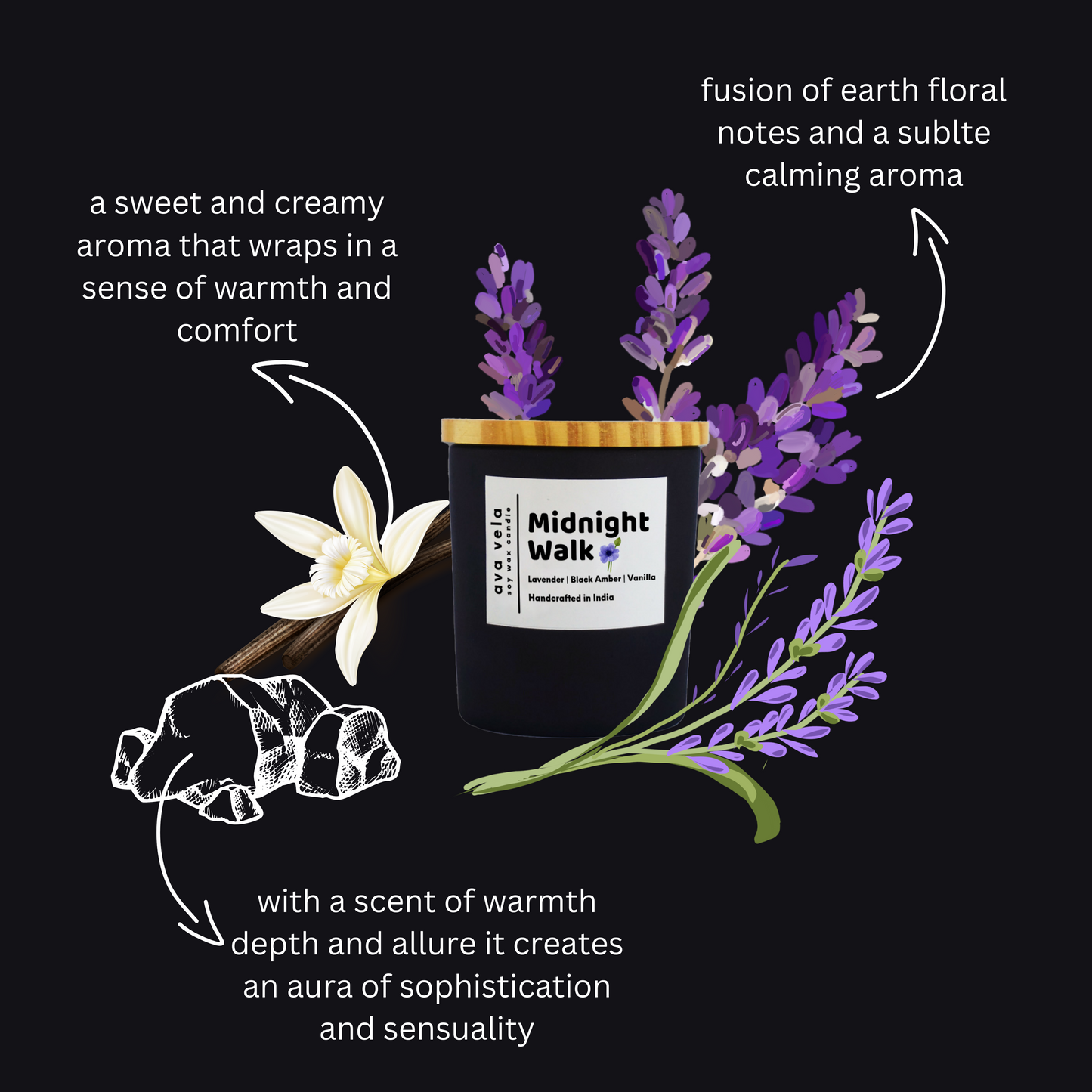 Midnight Walk (Lavender + Black Amber + Vanilla) Soy Wax Scented Candle 40Hrs Burn Time