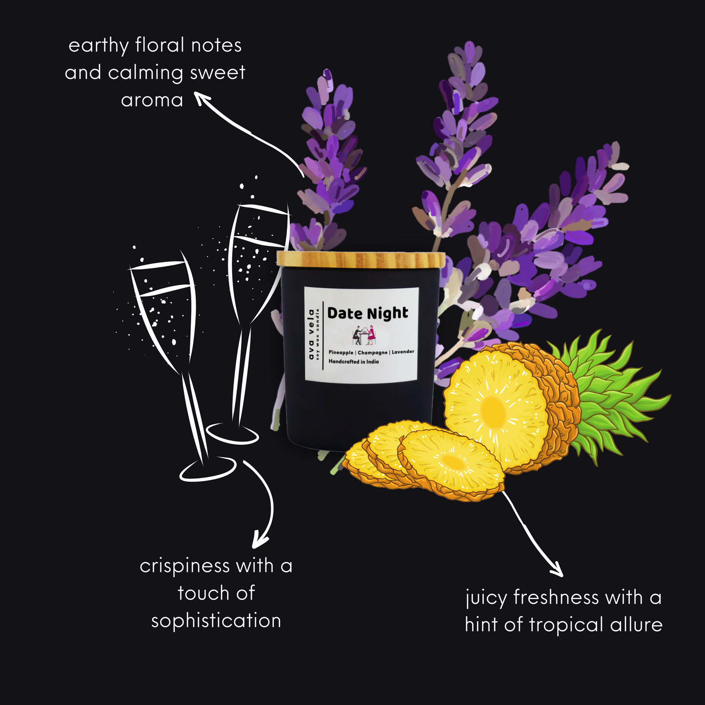 Date Night (Champagne + Lavender + Pineapple) Soy Wax Scented Candle 40Hrs Burn Time