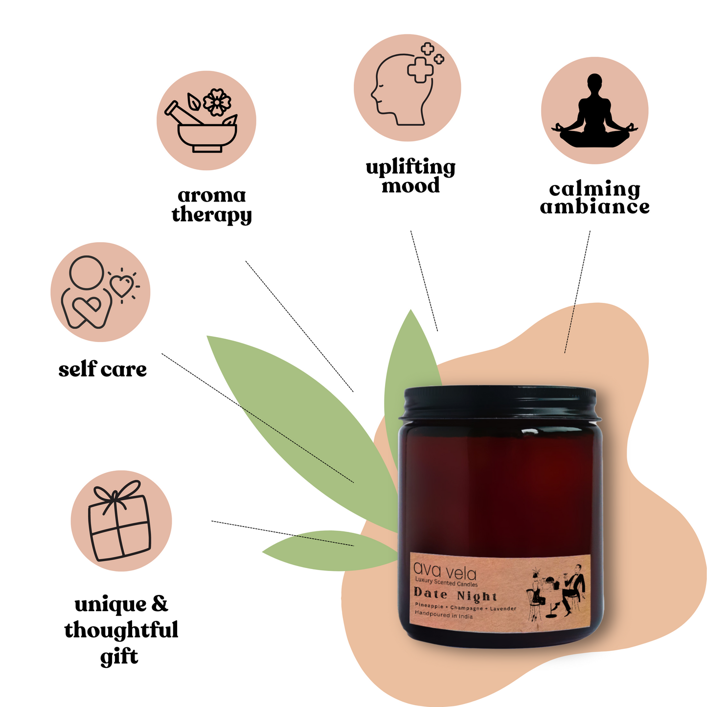 Date Night (Champagne + Lavender + Pineapple) Amber Jar Soy Wax Scented Candle 45 Hours Burn Time