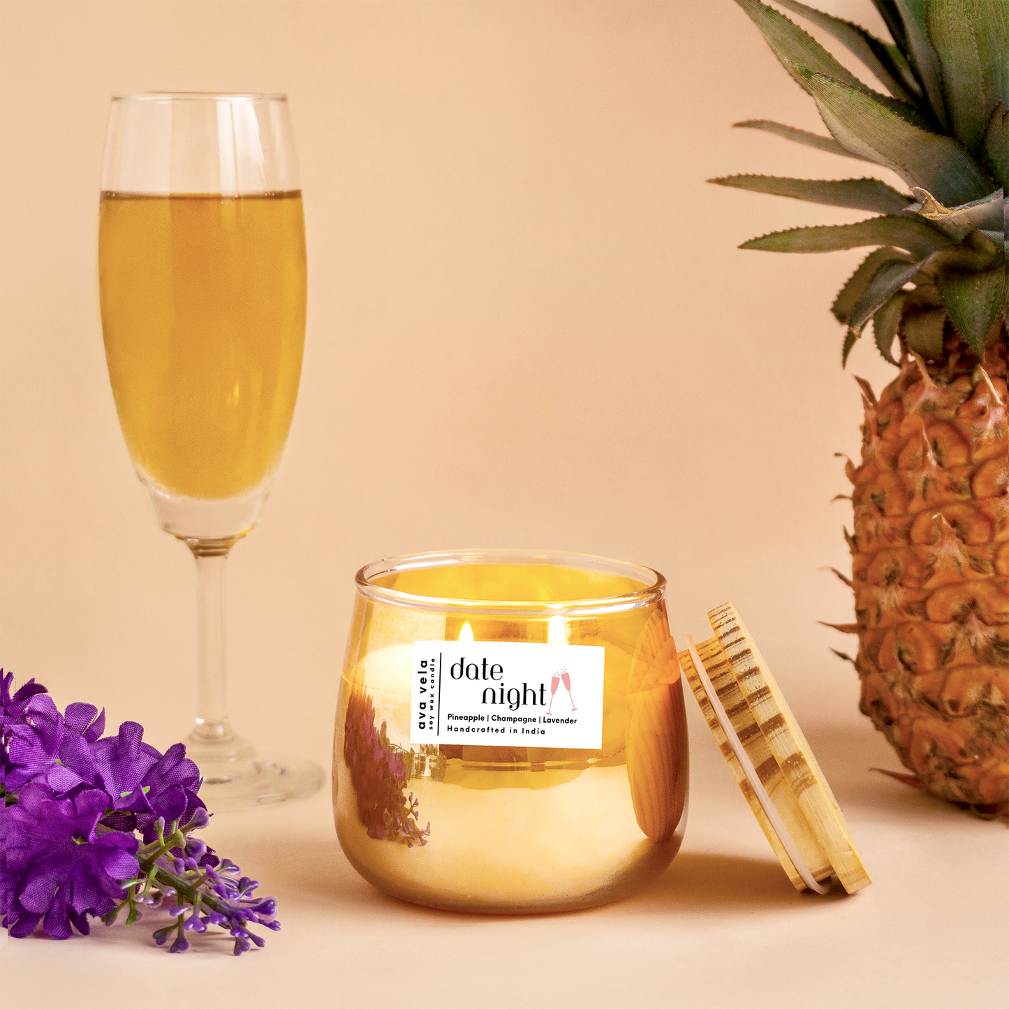 Date Night (Champagne + Lavender + Pineapple) Soy Wax Scented Candle 48 Hours Burn Time
