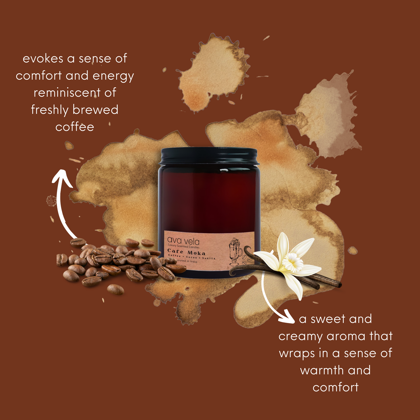 Café Moka (Coffee + Vanilla), Soy Wax Scented Candle 45Hrs Burn Time