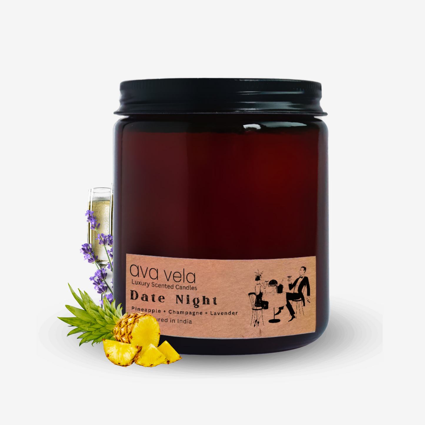 Date Night (Champagne + Lavender + Pineapple) Amber Jar Soy Wax Scented Candle 45 Hours Burn Time