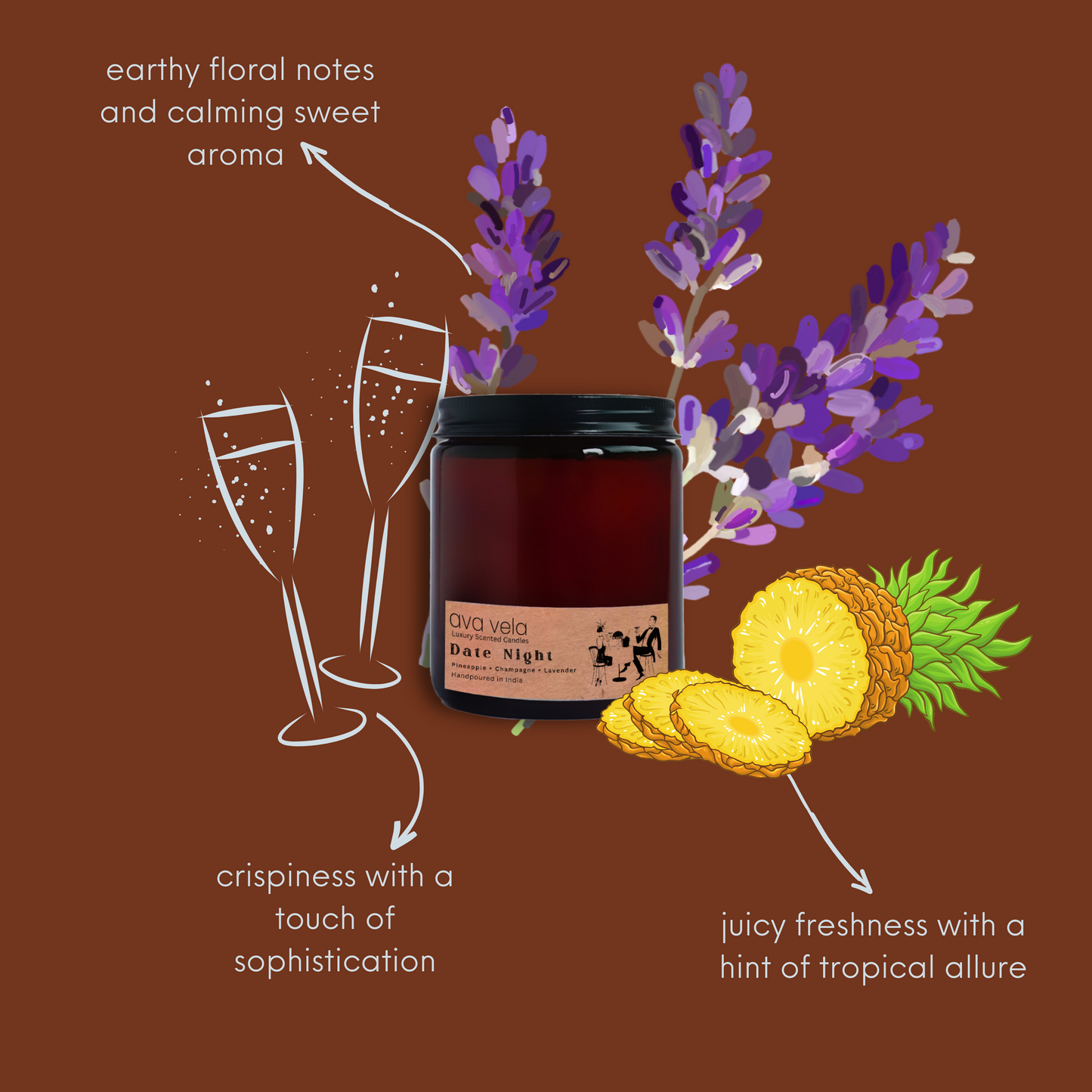 Date Night (Champagne + Lavender + Pineapple) Amber Jar Soy Wax Scented Candle 45 Hours Burn Time