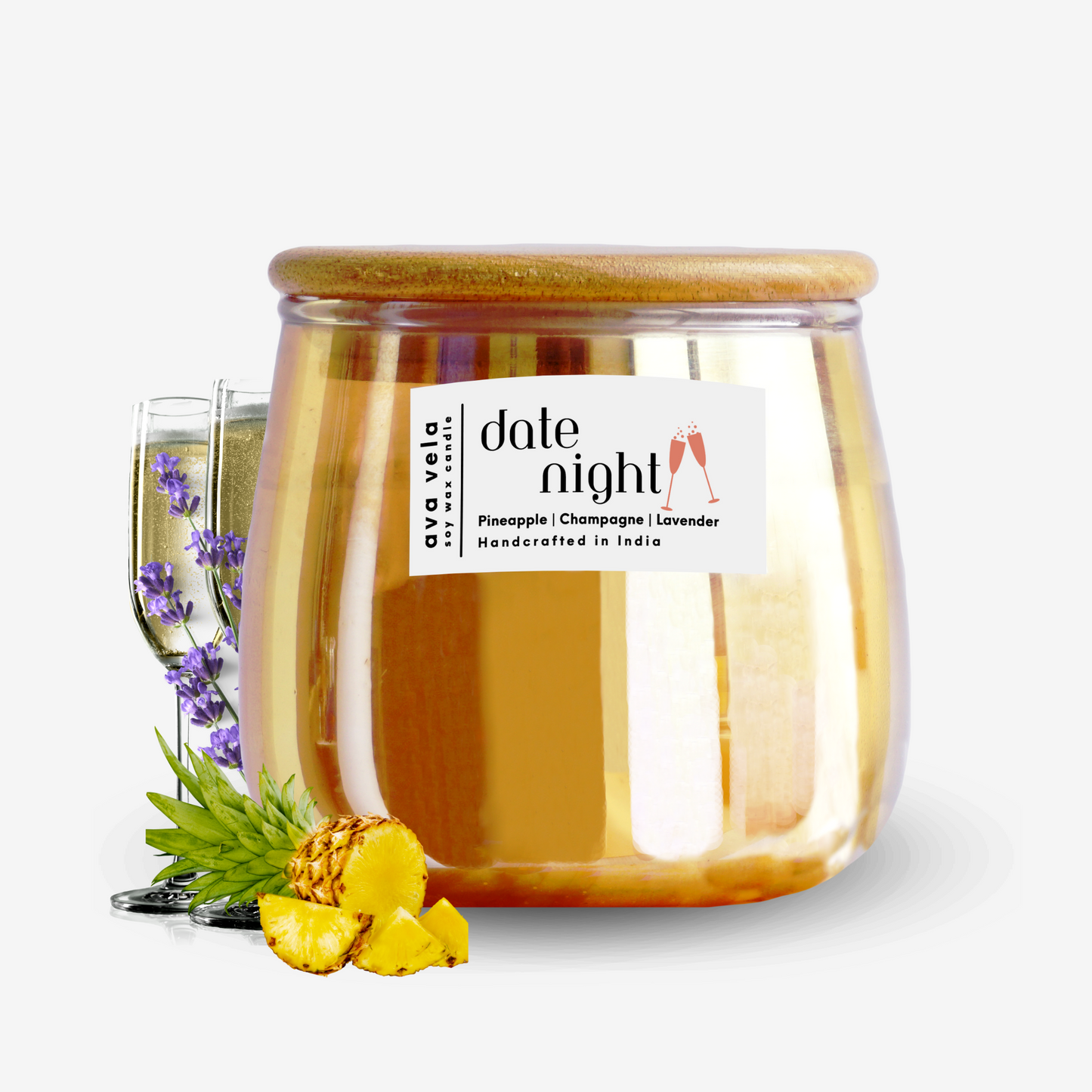 Date Night (Champagne + Lavender + Pineapple) Soy Wax Scented Candle 48 Hours Burn Time