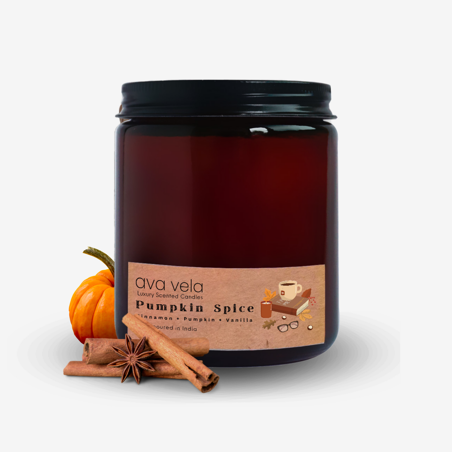 Pumpkin Spice (Pumpkin + Vanilla + Cinnamon) Amber Jar Soy Wax Scented Candle 45 Hours Burn Time