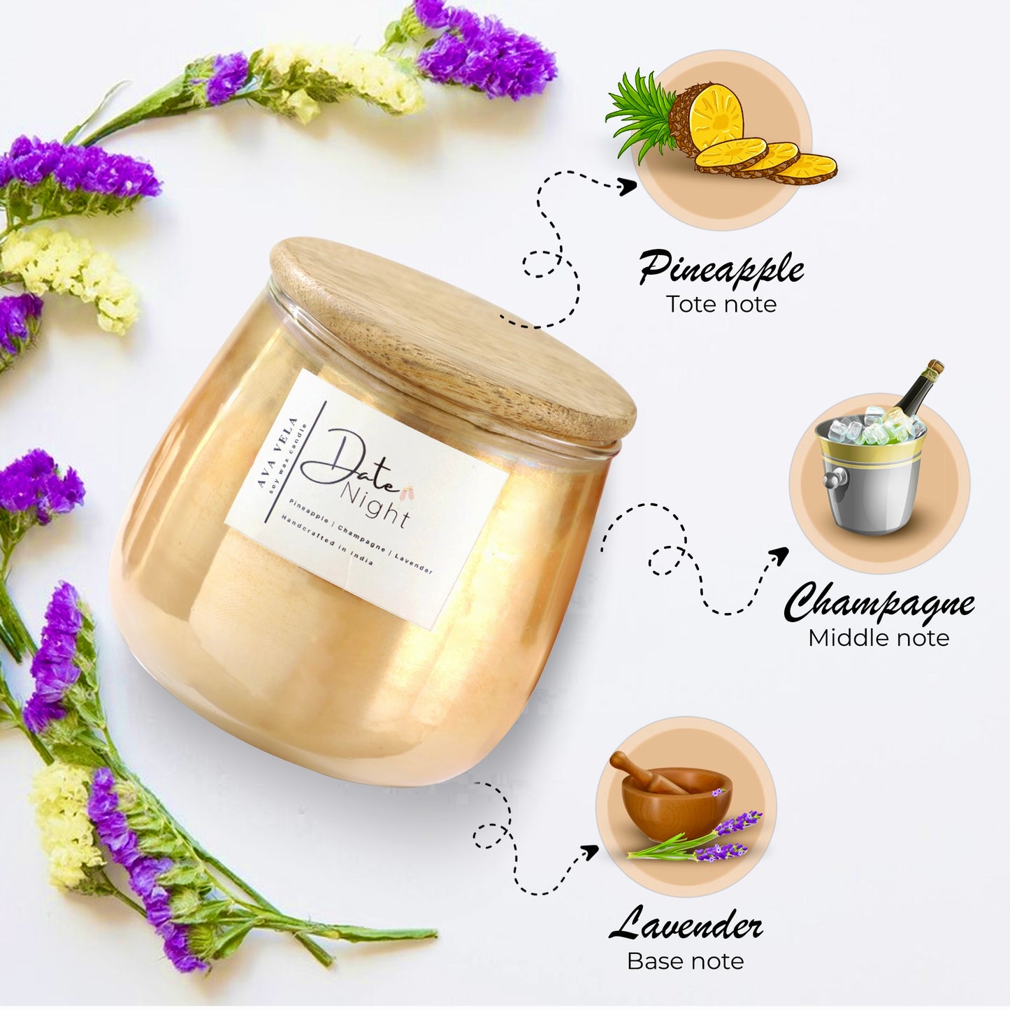 Date Night (Champagne + Lavender + Pineapple) Soy Wax Scented Candle 48 Hours Burn Time