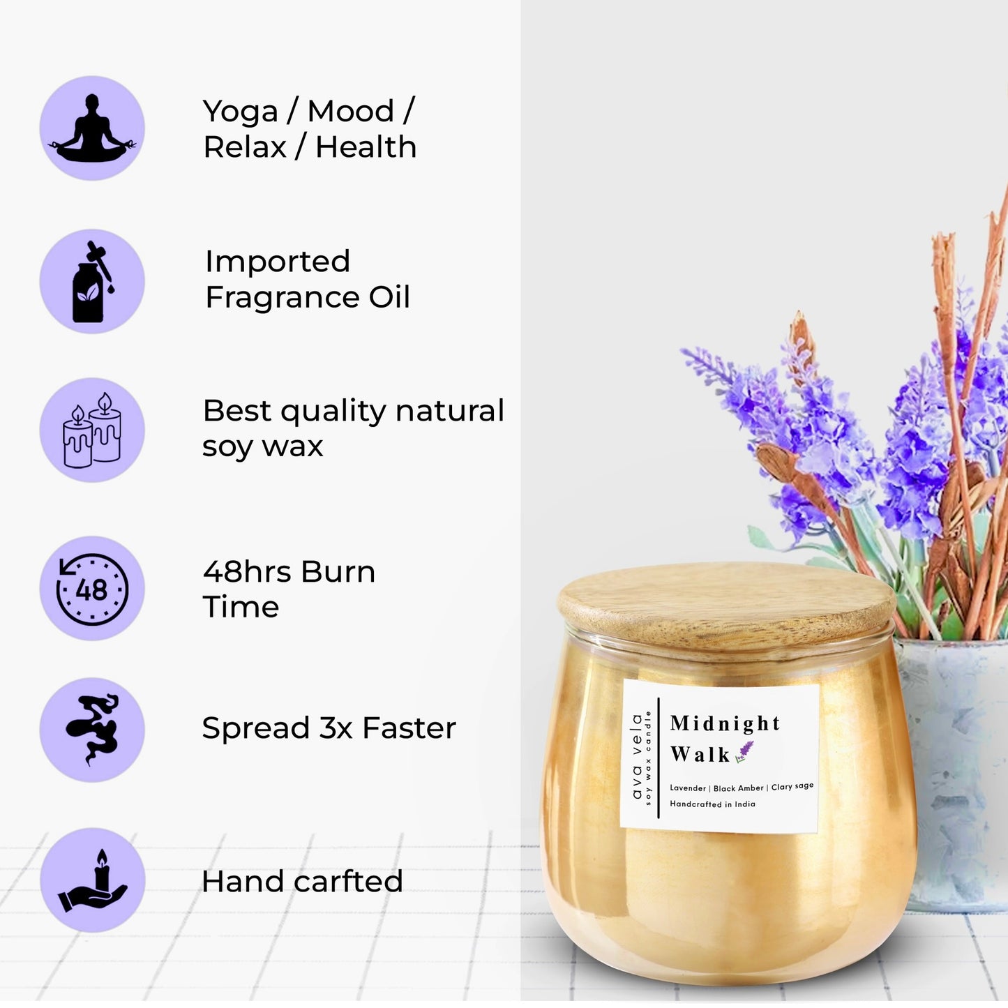 Midnight Walk (Lavender + Black Amber + Vanilla) Soy Wax Scented Candle 48 Hours Burn Time