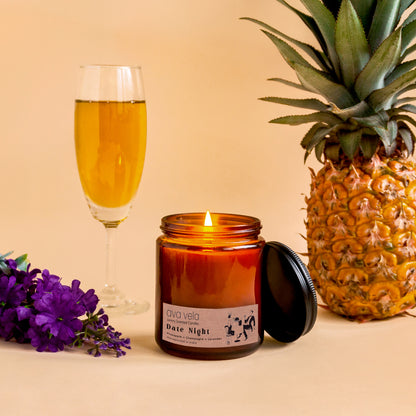 Date Night (Champagne + Lavender + Pineapple) Amber Jar Soy Wax Scented Candle 45 Hours Burn Time