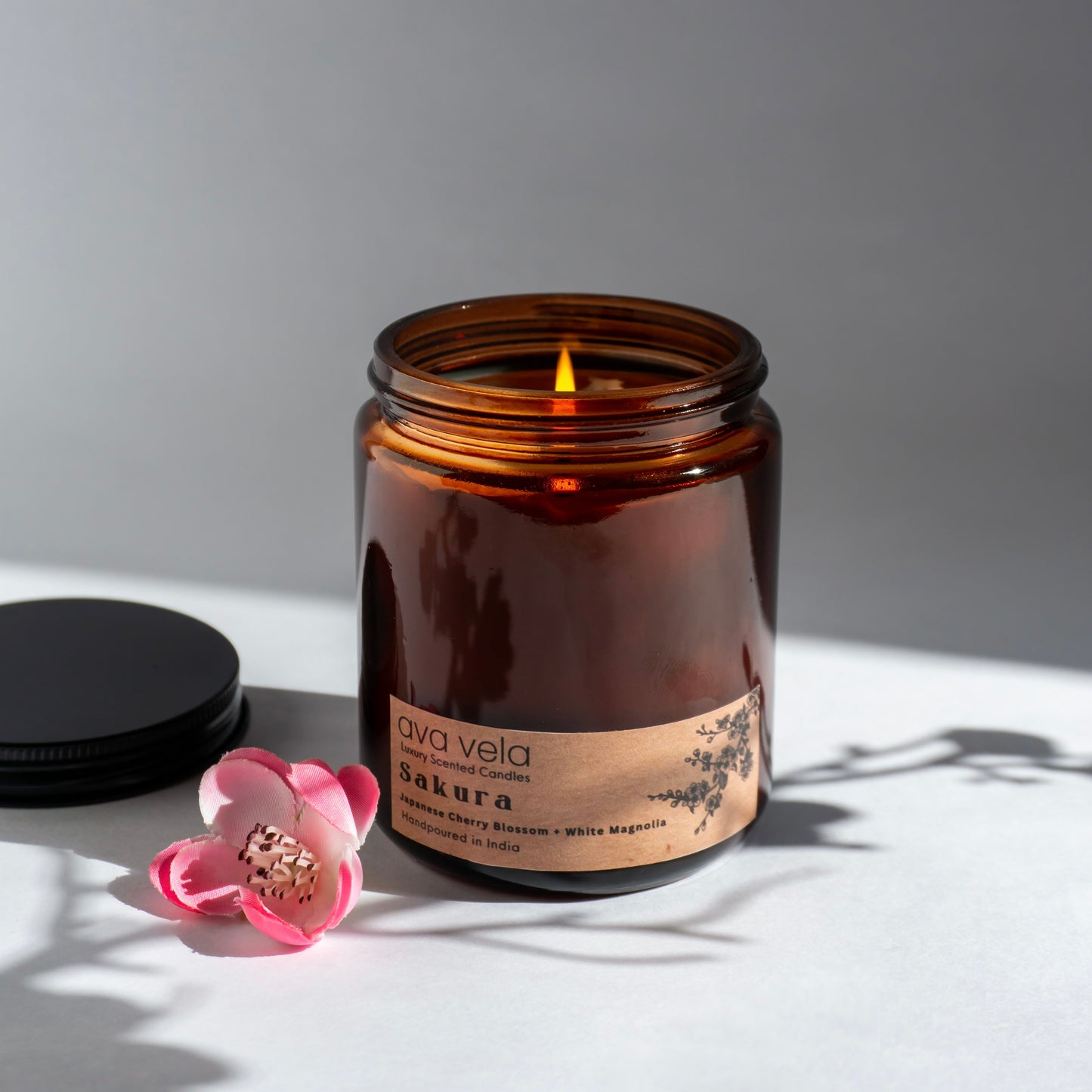 Sakura (Cherry Blossom + Sandalwood + White Magnolia) Amber Jar Soy Wax Scented Candle 45 Hours Burn Time
