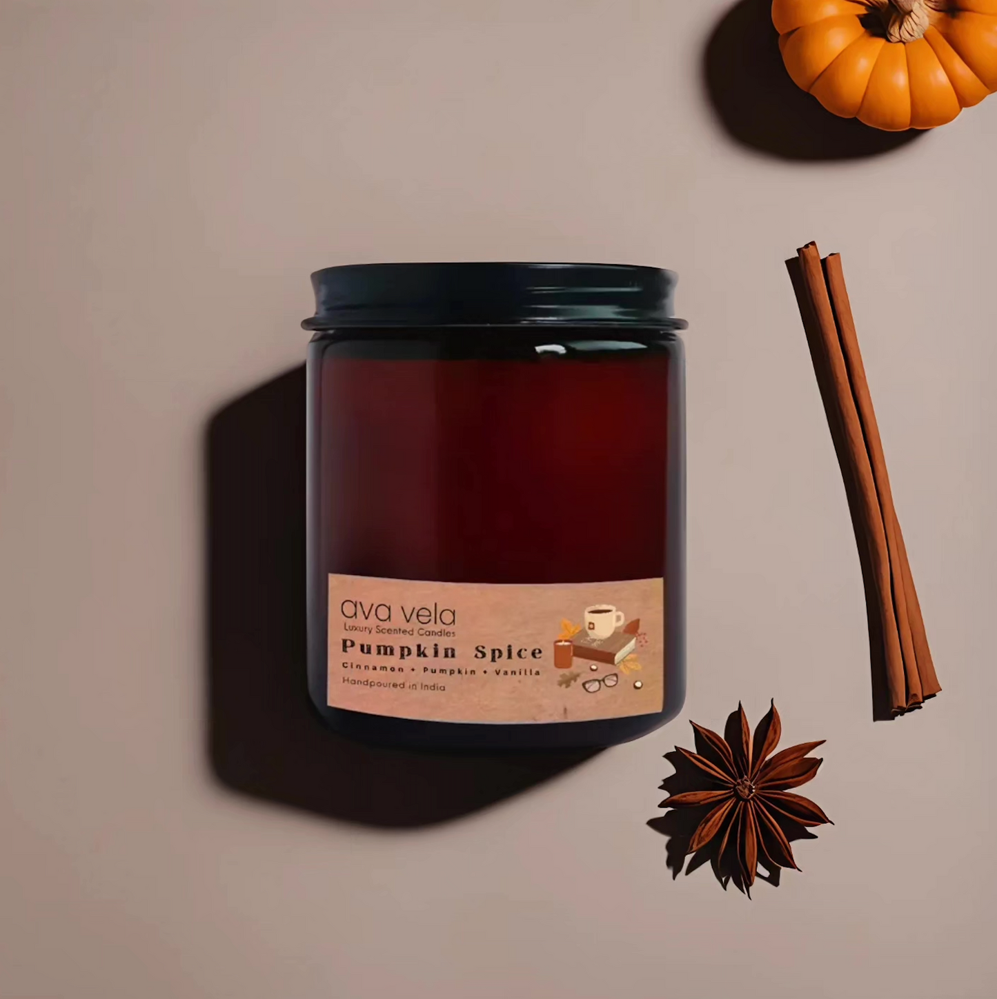 Pumpkin Spice (Pumpkin + Vanilla + Cinnamon) Amber Jar Soy Wax Scented Candle 45 Hours Burn Time