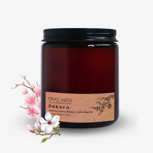 Sakura (Cherry Blossom + Sandalwood + White Magnolia) Amber Jar Soy Wax Scented Candle 45 Hours Burn Time