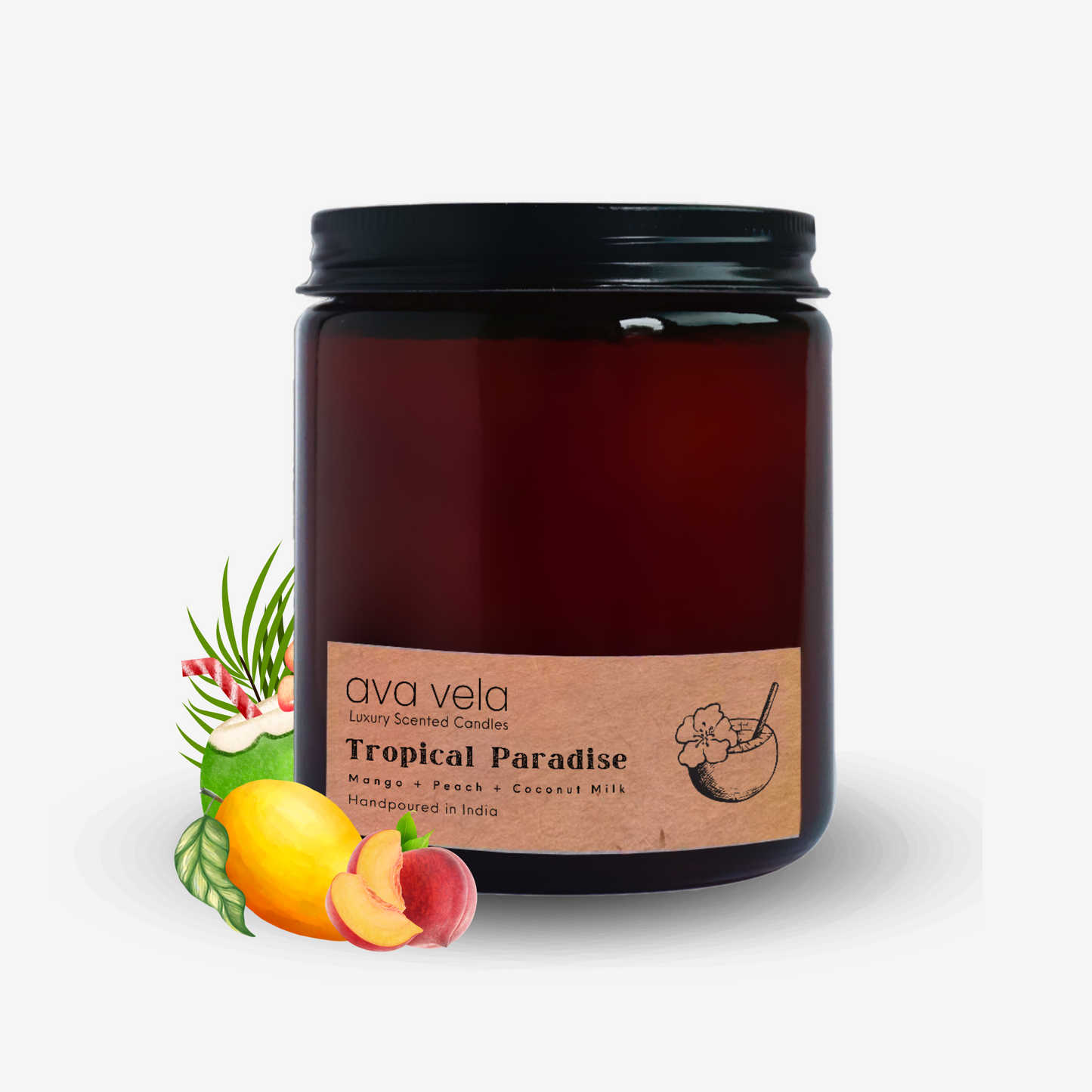 Tropical Paradise (Peach + Mango + Coconut Milk) Amber Jar Soy Wax Scented Candle 45 Hours Burn Time