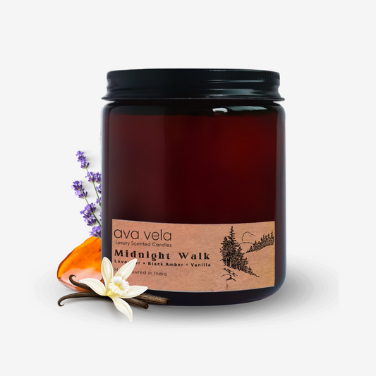 Midnight Walk (Lavender + Black Amber + Vanilla) Amber Jar Soy Wax Scented Candle 45Hrs Burn Time